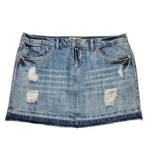 Mudd Denim Mini Skirt Size 9 Distressed Y2K Low Rise Blue Jean Skirt Embroidered